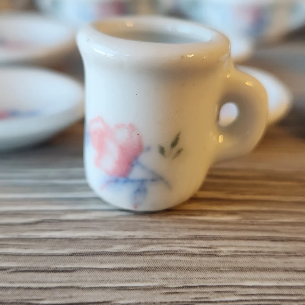 Vintage Porcelain Tea Set 17 Pieces And 1 Bonus Piece Blue Pink Miniatures
